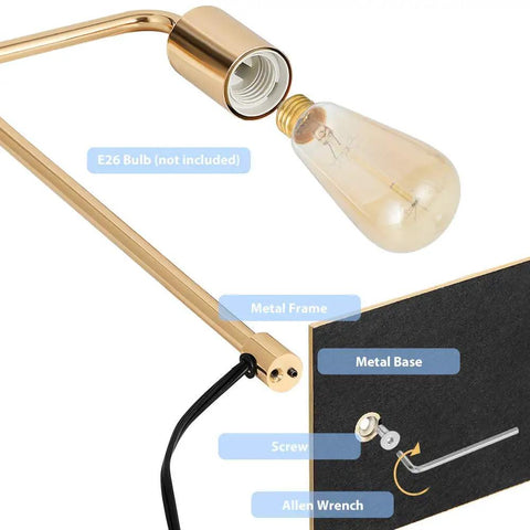 Gold Industrial Desk Lamp With E26 Base For Nightstand And Dorm Rooms, small metal frame and bulb assembly close-up