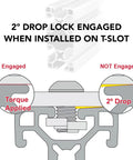 Ultra Lite 1.5 Inch By 3 Inch T Slotted Aluminum Extrusion For DIY Projects With Six Open T Slots, 6063 T6 Aluminum, Clear Anodized Finish, 18 Inch Length, Ideal For Linear Rails, Rail Guides, Or Track Saw Guides. Diagram of 2° drop lock engaged on T-slot extrusion