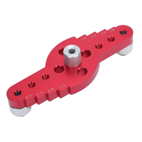 Premium Aluminum Self Centering Dowel Jig Kit Featuring Stainless Guiding Rings showing red aluminum jig with precise guide holes.
