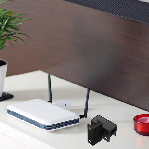 Rock Solid Under Desk Laptop Mount With Heavy Duty Black Bracket For Secure Storage And No Fuss Setup To Keep Your Workspace Neat And Super Functional All Week, featuring a router and black brackets.