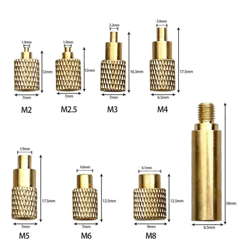 Various sizes of brass knurled nut inserts M2 to M8 for Heat Set Insert Tool Kit for Soldering Irons M2 To M8 Brass Nut Inserts With Internal Thread Heads Hot Melt Insertion Compatible With HS02A Soldering Iron Ideal For 3D Printing And DIY.