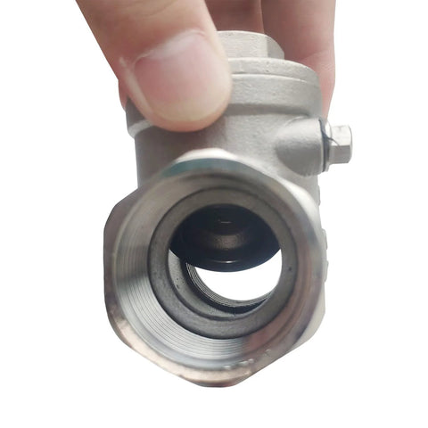 1-inch NPT stainless steel swing check valve, female threaded end, close-up view.