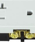 Front view of 20 Amp Tamper Resistant Outlet 125V Decorator Duplex Receptacle in white, commercial grade, UL listed, made of durable thermoplastic.