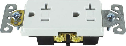 Front view of 20 Amp Tamper Resistant Outlet 125V Decorator Duplex Receptacle in white, commercial grade, UL listed, made of durable thermoplastic.