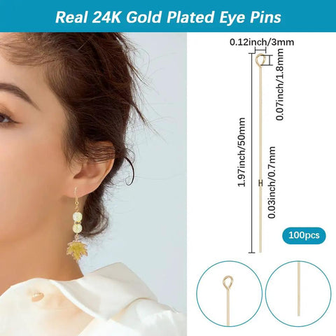 100 Piece Open Eye Pins 2 Inch 24K Gold Plated Brass Eye Pins For Charm Beads DIY Jewelry Making Pro Kit Earring Findings Connecting Links Jewelry Craft Supplies 1.8mm Hole 21 Gauge, 2-inch gold eye pin with loop