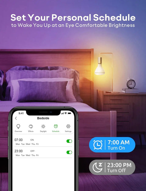 Bedroom with lamp controlled by Smart RGBW BR30 Flood WiFi LED Bulb For Smart Home Setup, phone app showing lighting schedule