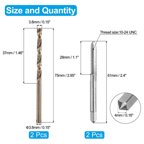 Diagram of tap and drill bit set, includes 2 taps size 10-24 UNC, 2 drill bits 3.8mm, high speed steel 6542 M2 and M35 cobalt