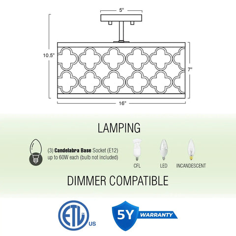 Diagram of Dope 16 Inch 3 Light Modern Semi Flush Mount Ceiling Light With Metal Drum Shade In Warm Brass And Black Finish, dimensions shown.