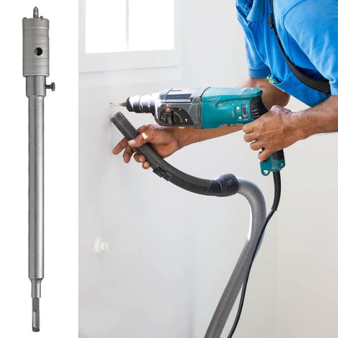 Heavy Duty Hole Saw Kit For Efficient Concrete Drilling With Wear Resistant Carbide Bits Perfect For Plumbing And Masonry Installations To Tackle Tough Construction Sites Smooth Performance Guaranteed. carbide hole saw with drill operator and dust hose