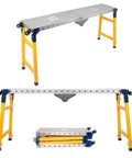 Heavy Duty Carbon Steel Folding Welding Table Offers 2200 Lbs Capacity And Adjustable Height With Swivel Casters setup showing mobile features.