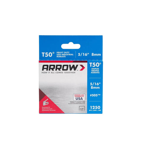 Tough As Nails Staples For Upholstery And Construction, 5/16 Inch Leg, 3/8 Inch Crown, 1250 Pack, Grey box with T50 branding