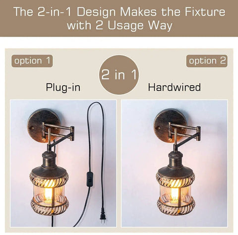 Two Pack Two In One Industrial Wall Sconce Lights Plug In Or Hardwired Antique Bronze Swing Arm Lamps with On Off Switch