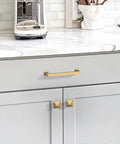 Champagne Bronze Cabinet Pulls Set, 5 Inch Center To Center, installed on kitchen drawer, zinc alloy, rust proof heavy duty hardware.