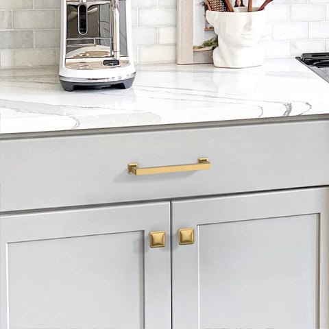 Champagne Bronze Cabinet Pulls Set, 5 Inch Center To Center, installed on kitchen drawer, zinc alloy, rust proof heavy duty hardware.