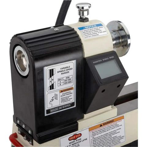 Dead Reliable Bench Top Wood Lathe With 12 Inch Swing And 15 Inch Turning Space featuring digital RPM display and variable speed control.