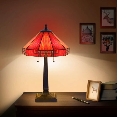 Vintage Tiffany Stained Glass Bedside Table Lamp 23 Inch Tall With 2 LED Bulbs 2700K E26 Cozy Glow For Bedroom Or Living Room