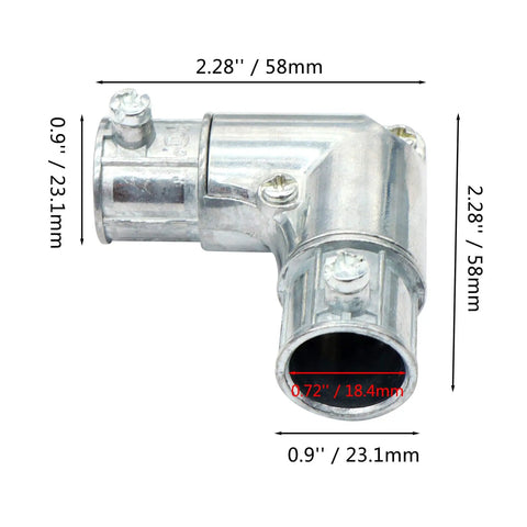Ten Pack One Half Inch EMT To EMT 90 Degree Inside Corner Pulling Elbows Zinc Die Cast Conduit Fittings Cap Elbow With Set Screw Combo Head CULus Listed, shown with dimensions and set screws