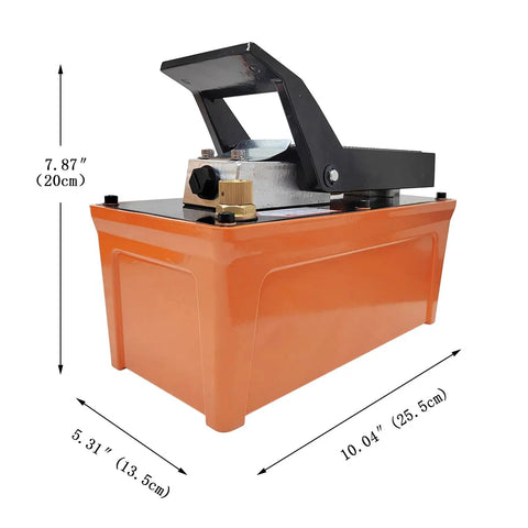 Beefy Pro Grade Auto Body Frame Puller And Straightener Kit hydraulic unit with orange base and measurements detailed.