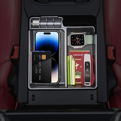 Center Console Organizer Tray For Porsche Cayenne 2018 2023 Armrest Storage Box with phone, watch, and card storage