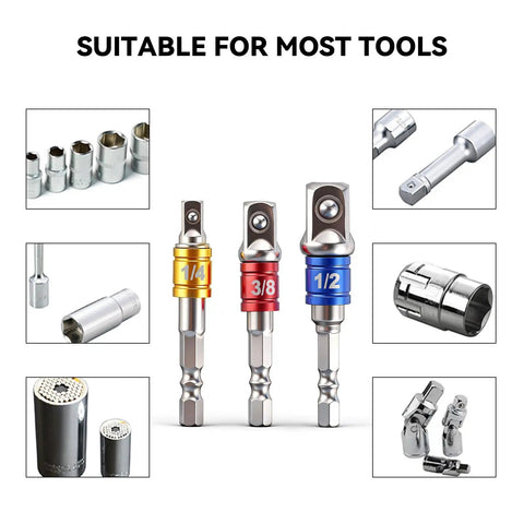3Pcs Hex Shank To Square Built Tough Heavy Duty Socket Adapter Set with impact grade build and anti-slip detent ball shown with accessories