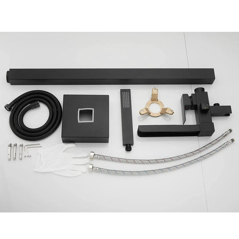 Freestanding Matte Black Bathtub Faucet With Waterfall Spout And Hand Shower Floor Mounted Brass Tub Filler components displayed