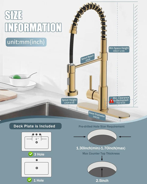 Brushed Gold Kitchen Faucet With Soap Dispenser And Deck Plate For RV And Farmhouse Sinks size chart with measurements