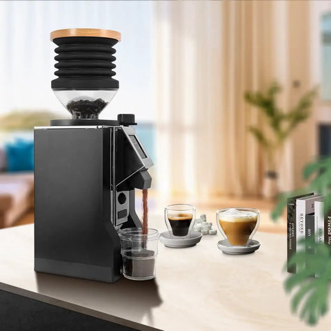 No Sweat Coffee Grinder Chute And Spout Funnel Duo For Standard Espresso Bean Routing with coffee cups on table.