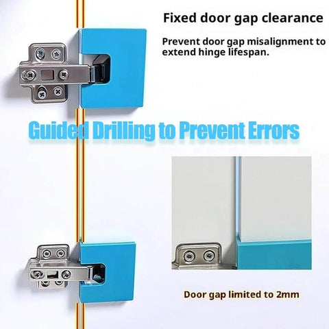 Magnetic Door Hinge Jig No Drill Installation And Precise Alignment Adjustable Guide installed on cabinet hinge with 2mm gap.