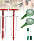 Six Piece Mini Seed Spreader Set for Tiny Seeds, featuring handheld seed dispensers, dibber, and widger tools with easy grip handles.