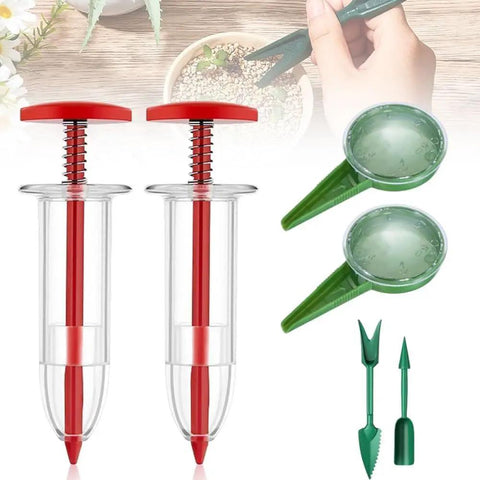 Six Piece Mini Seed Spreader Set for Tiny Seeds, featuring handheld seed dispensers, dibber, and widger tools with easy grip handles.