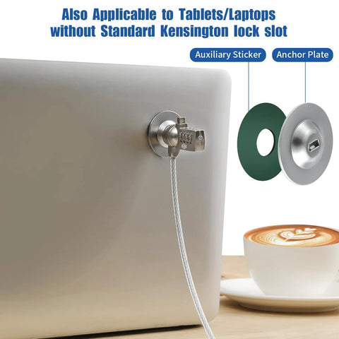 Heavy Duty Laptop Cable Lock With A Beefy Steel Core And Slick Combo Code To Lock Down iPads Tablets Laptops And Macbooks While Keeping Your Tech Setup Locked Up Against Thieves Wherever You Roll, attached to a laptop with an anchor plate.