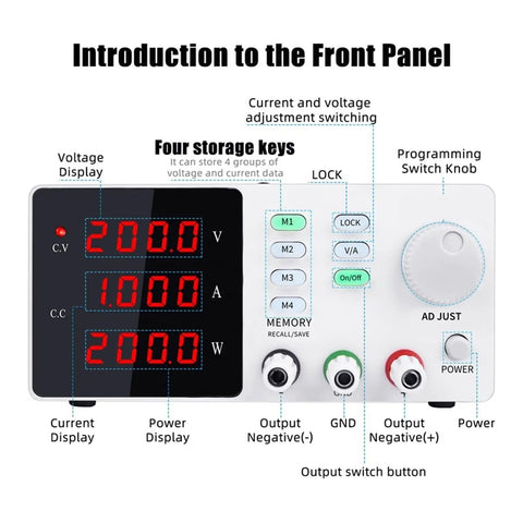 Pro-Grade Dual Display Digital Programmable DC Power Supply For Labs With Precision 1A Adjustable Output And 10A Current Capacity front panel