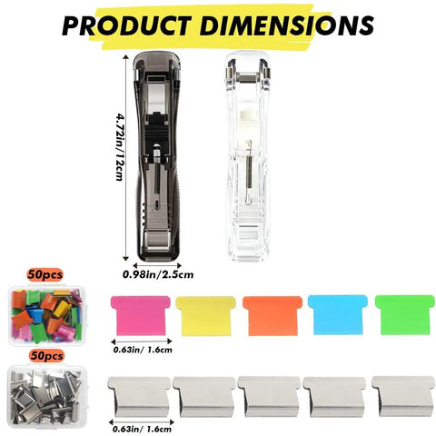 Portable Binder Clip Stapler Set With Reusable Clip Dispenser And 100 Metal Refills dimensions and colorful clips shown