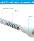Ten Pack Window Screen Plunger Latch Pins With White Caps Solid Aluminum Five Thirty Two By One Point Five Inch showing aluminum pin, spring, and nylon cap.