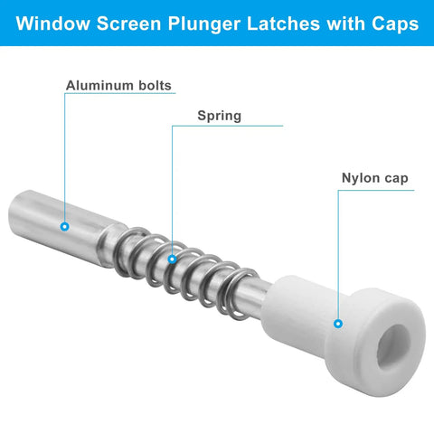 Ten Pack Window Screen Plunger Latch Pins With White Caps Solid Aluminum Five Thirty Two By One Point Five Inch showing aluminum pin, spring, and nylon cap.