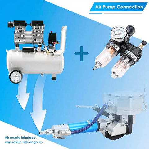 No Fuss Pneumatic Steel Strapping Machine Featuring Steady Tensioner And Quick Auto Cutter Heavy Duty Metal Strap Baler For 19mm Banding showing air pump connection and nozzle interface.