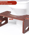 Foldable Bamboo Toilet Stool for Adults 8 Inch Squat Potty with Anti Slip Strips dimensions displayed near toilet