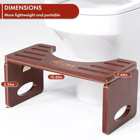 Foldable Bamboo Toilet Stool for Adults 8 Inch Squat Potty with Anti Slip Strips dimensions displayed near toilet