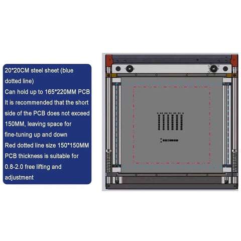 SMT Steel Mesh Solder Paste Printing Table For PCB Assembly diagram showing dimensions of 15cm work area and adjustment points