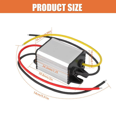 Side view of Rugged 2Pack Waterproof 12V To 5V DC Buck Converter With 3A 15W Output dimensions labeled for automotive use.