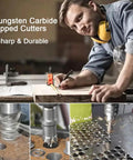 Pro Grade Tungsten Carbide Hole Saw Kit in use, featuring a person with a drill and multiple drilled holes in metal.