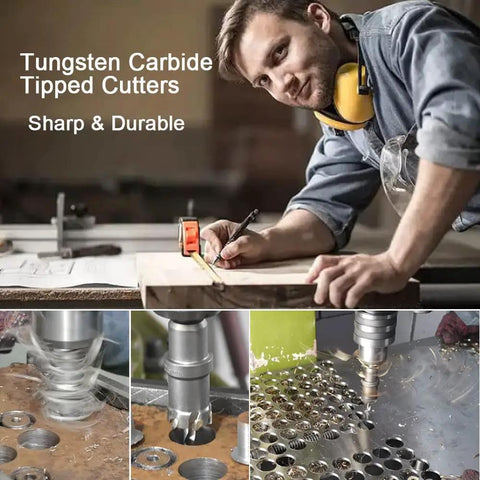 Pro Grade Tungsten Carbide Hole Saw Kit in use, featuring a person with a drill and multiple drilled holes in metal.