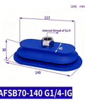 AFS Series AFSB AFSF NBR Long Strip Elliptical Pneumatic Vacuum Suction Cup, blue, dimensions marked, G1/4 fitting.