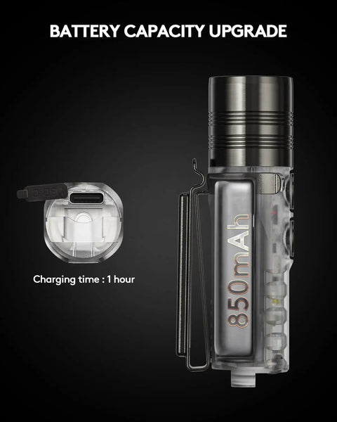 Pocket EDC USB C Rechargeable Flashlight With Magnetic Clip Bright White LED At 6500K 850mAh Battery shown with charging port