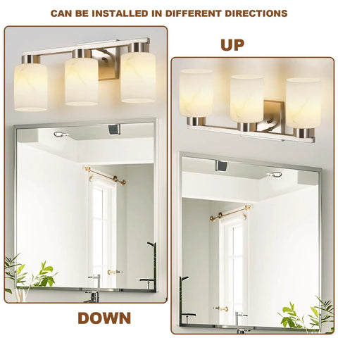 Heavy Duty 3 Light Bathroom Vanity Lights Brushed Nickel Wall Sconce With Striking White Marble Glass Shade showing installation options above mirrors.