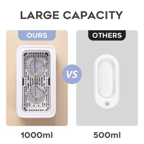 Comparison of Ultrasonic Jewelry Cleaner 1000mL Deep Clean vs 500mL capacity highlighting larger size for more items.