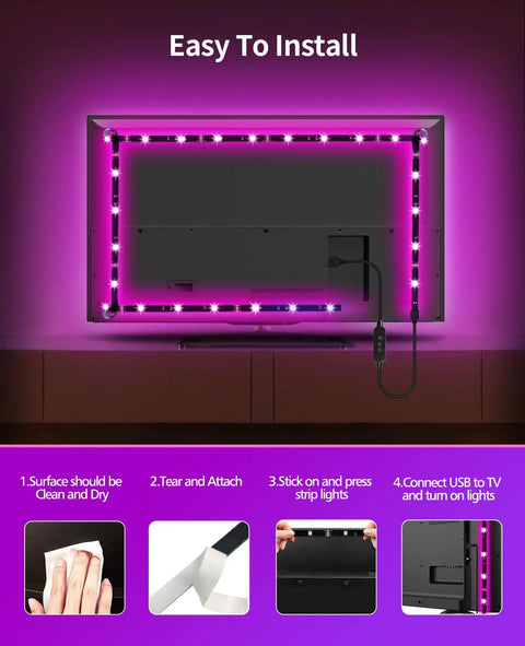 LED TV Backlight Kit For 32 To 43 Inch Screens with installation steps and pink ambient lighting effect.
