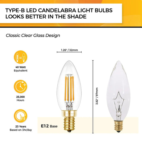 E12 LED Candle Bulb Dimmable 4W 450 Lumens 2700K Soft White 90+ CRI 40W Equivalent B10 Candelabra Base UL Listed Energy Saving