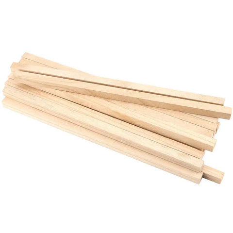 Top Shelf 60 Pack Of 1/2 By 12 Inch Unfinished Paulownia Square Dowel Rods, Super Smooth Wood Strips for DIY Crafts stacked neatly.