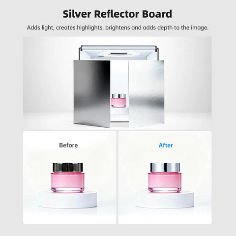 Silver Reflector Board with Portable Photo Studio Light Box 12 By 12 Inches Shooting Tent showcasing before and after product images.